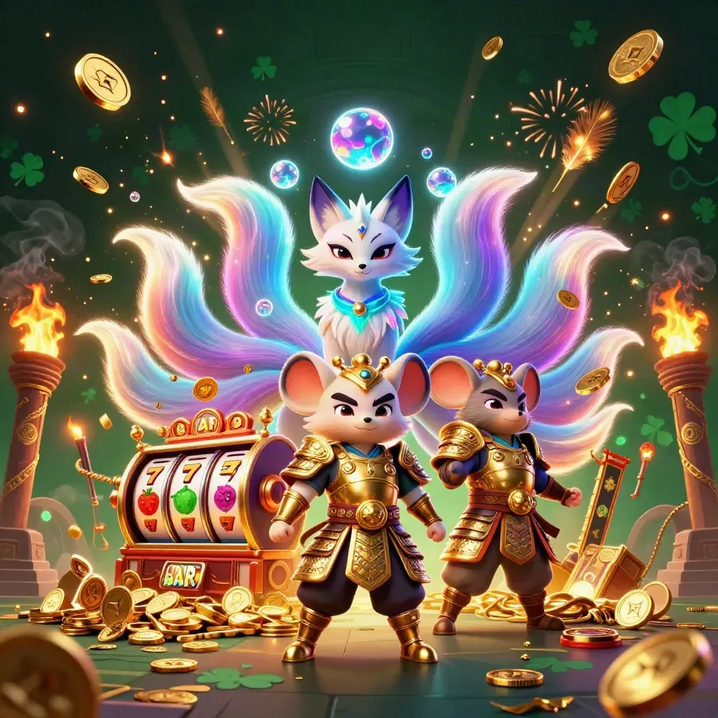 Neon fox spirit and armored mouse amid coins, fireworks, temple gate, and slot symbols