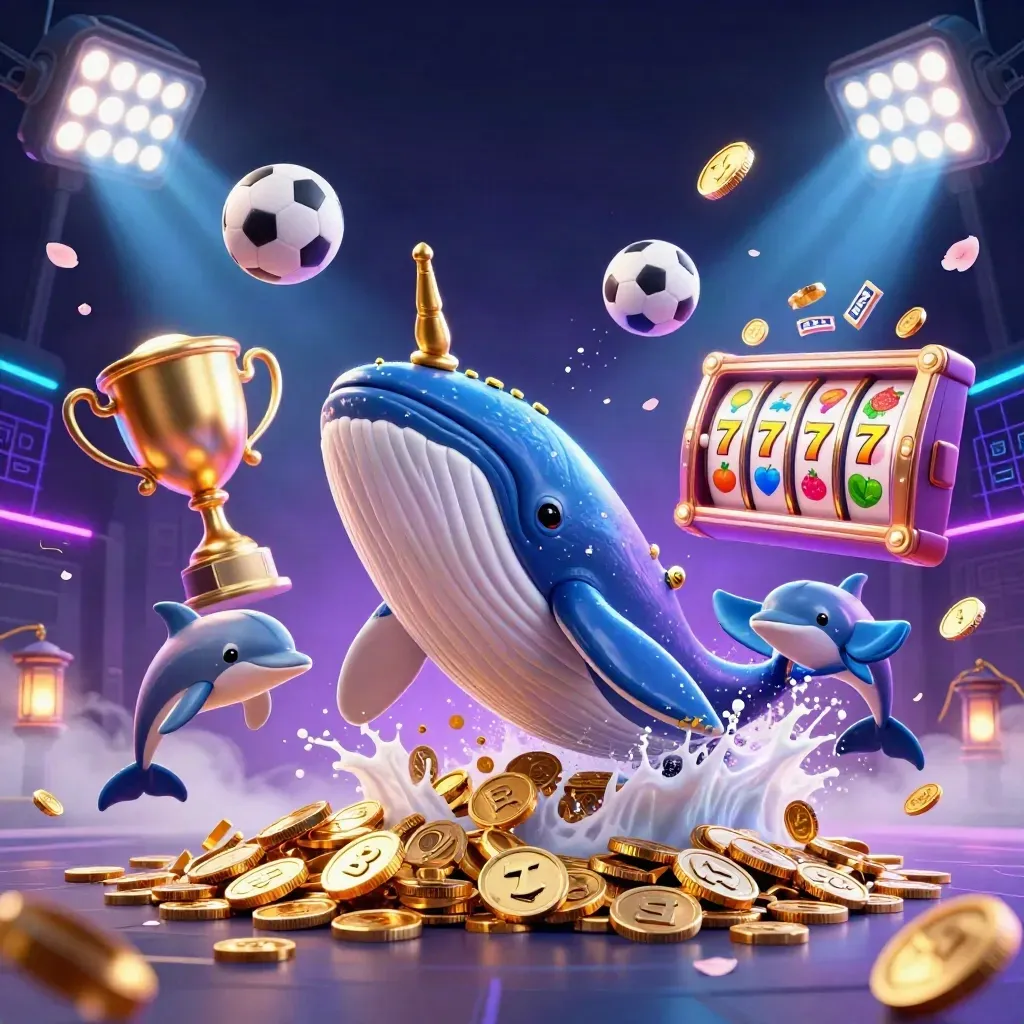 Whale captain, narwhal, dolphins, coins, sports balls, jackpots and neon casino effects in a dark splash art.