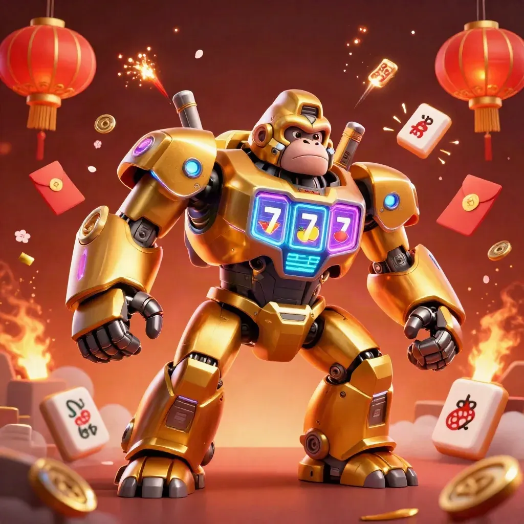 Golden gorilla mech with tiny pilot, slot reels, lanterns and fireworks on a fiery casino backdrop.