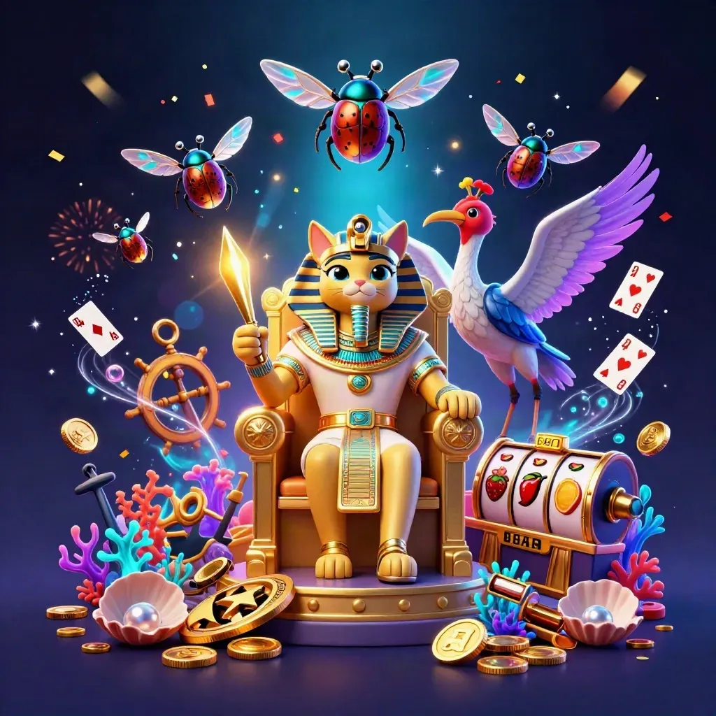 Pharaoh cat, ibis scribe, and gem scarabs amid treasure, neon casino effects, and slot symbols.