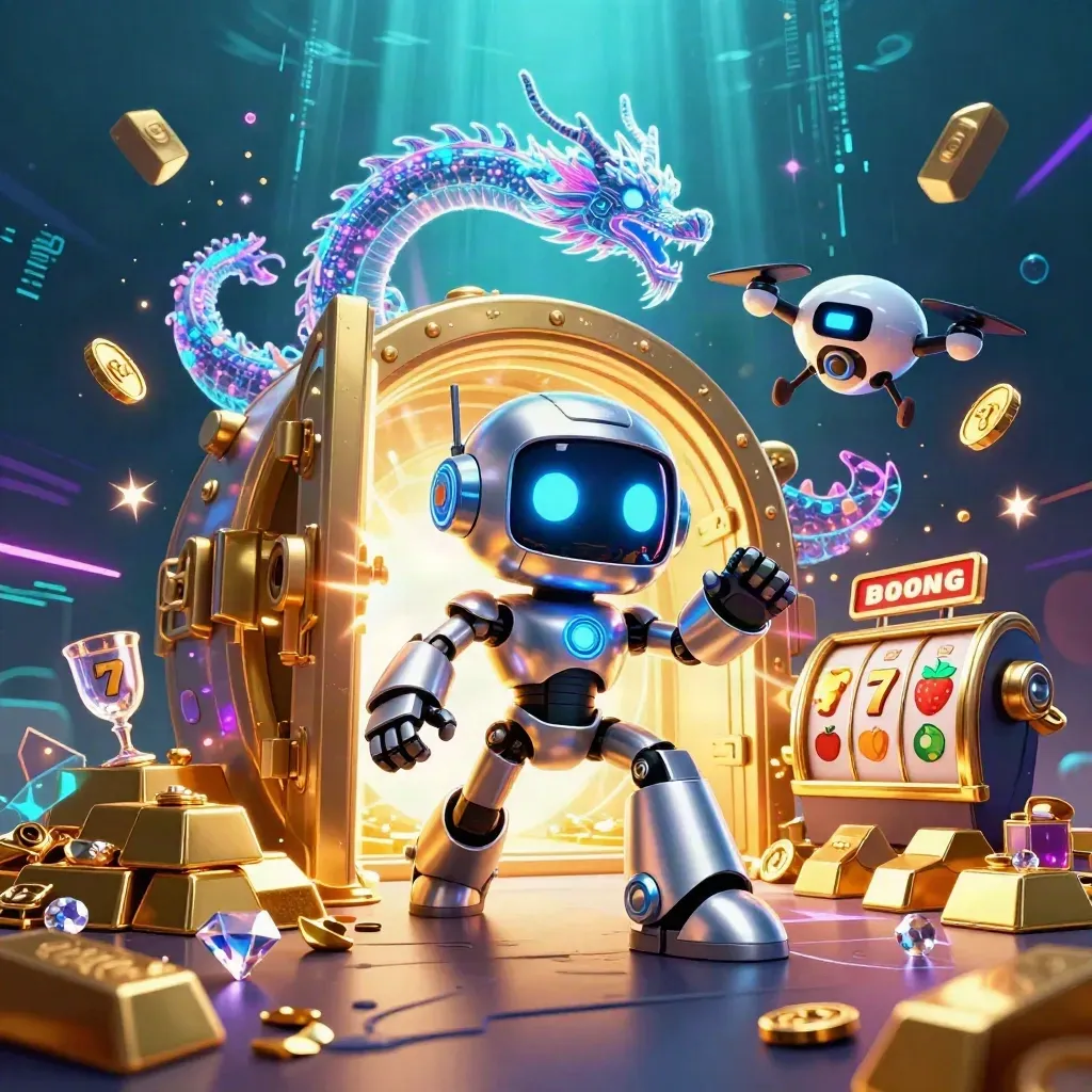 Cyberpunk robot, holographic dragon and coin drone explode from a gold vault in neon casino glow.