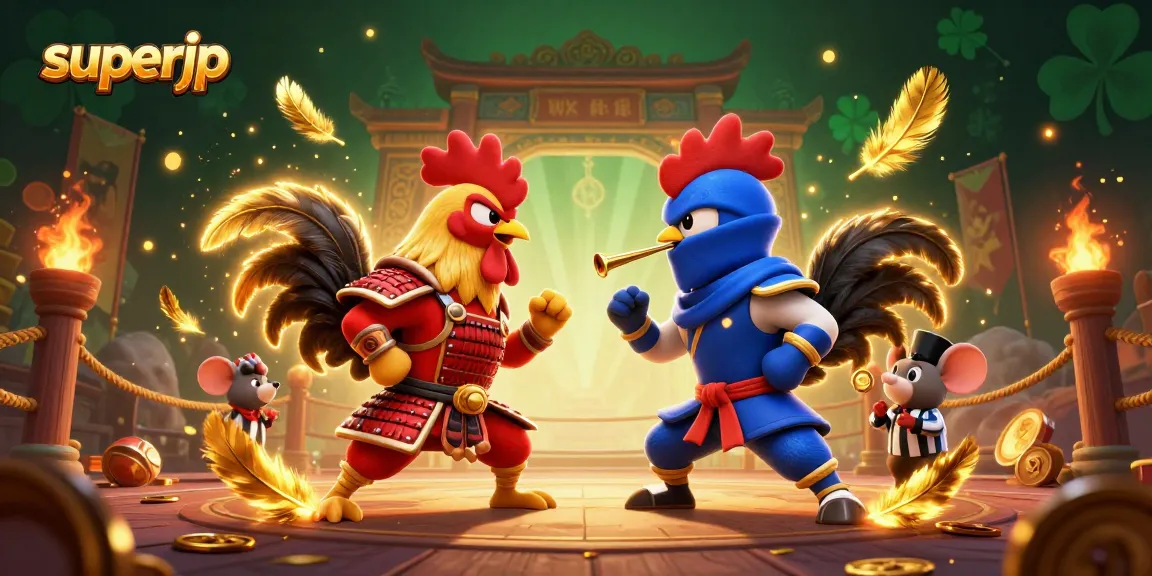 Engage with superjp’s vibrant casino scene featuring fighting roosters amidst golden feathers and dynamic elements.