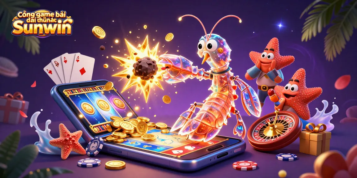 Cổng game bài đổi thưởng Sunwin features vibrant 3D illustration of characters interacting with casino elements like slot games and poker chips.