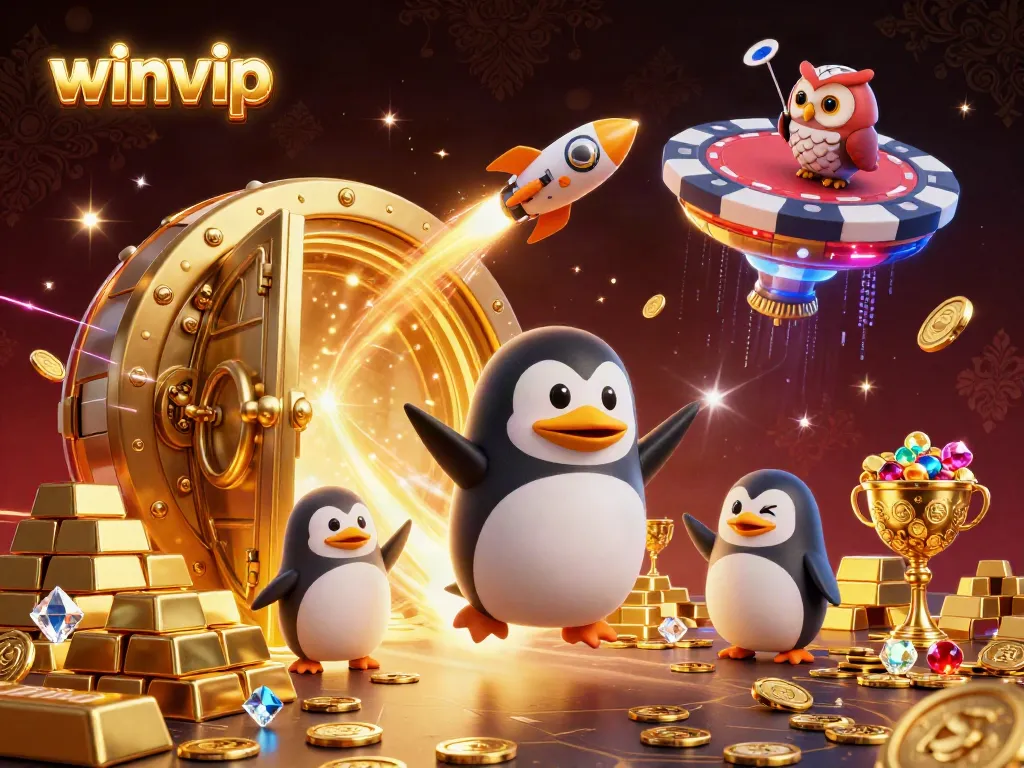 Winvip penguin flying to a casino space station amidst golden treasure and jewels.