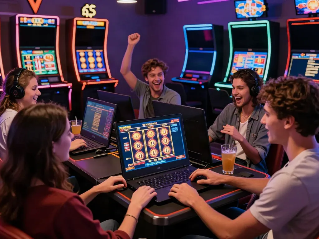 Excited friends enjoying slot online games on a laptop in a lively casino setting.