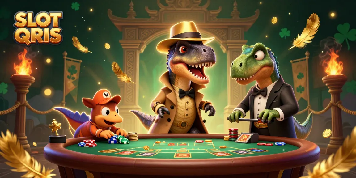 Enjoy thrilling gameplay with SLOT QRIS, featuring a clever velociraptor at a blackjack table.