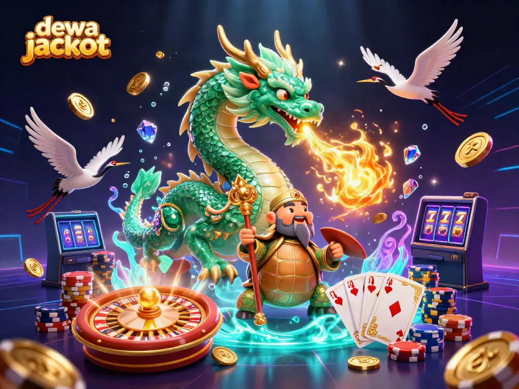 Jelajahi dewa jackpot dalam ilustrasi 3D dengan naga jade dan detail kasino menggemparkan.
