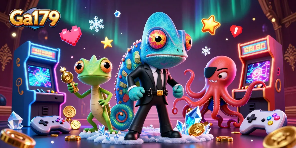 Play exciting casino games with Ga179, featuring a vibrant chameleon, tech-savvy gecko, and a crafty octopus.