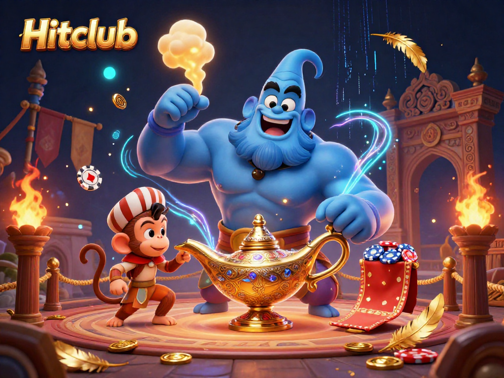 Engage with Hitclub's thrilling casino experience featuring a dynamic genie and poker chips.