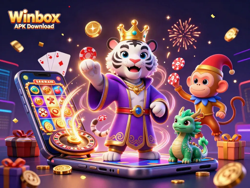 Engage with exciting gameplay through Winbox APK Download, featuring vibrant casino characters and game elements.