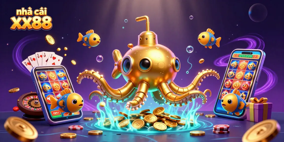 Engage with the thrilling world of nhà cái xx88, featuring a golden kraken submarine amidst a treasure of gaming elements.