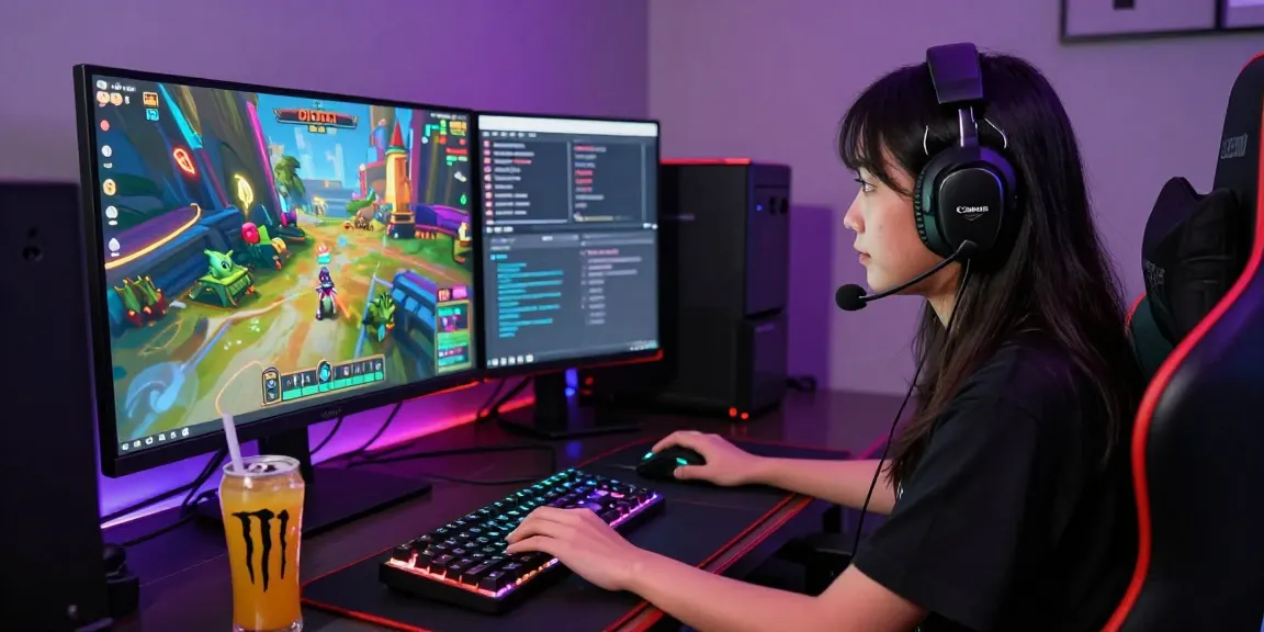 Gamer bermain DIANA4D dengan laptop gaming canggih di lingkungan dinamis dan penuh warna.