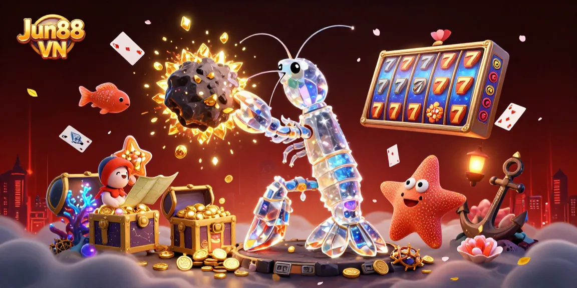 Engage with Jun88 VN as the galactic samurai mantis shrimp strikes through an asteroid raining gems and coins.