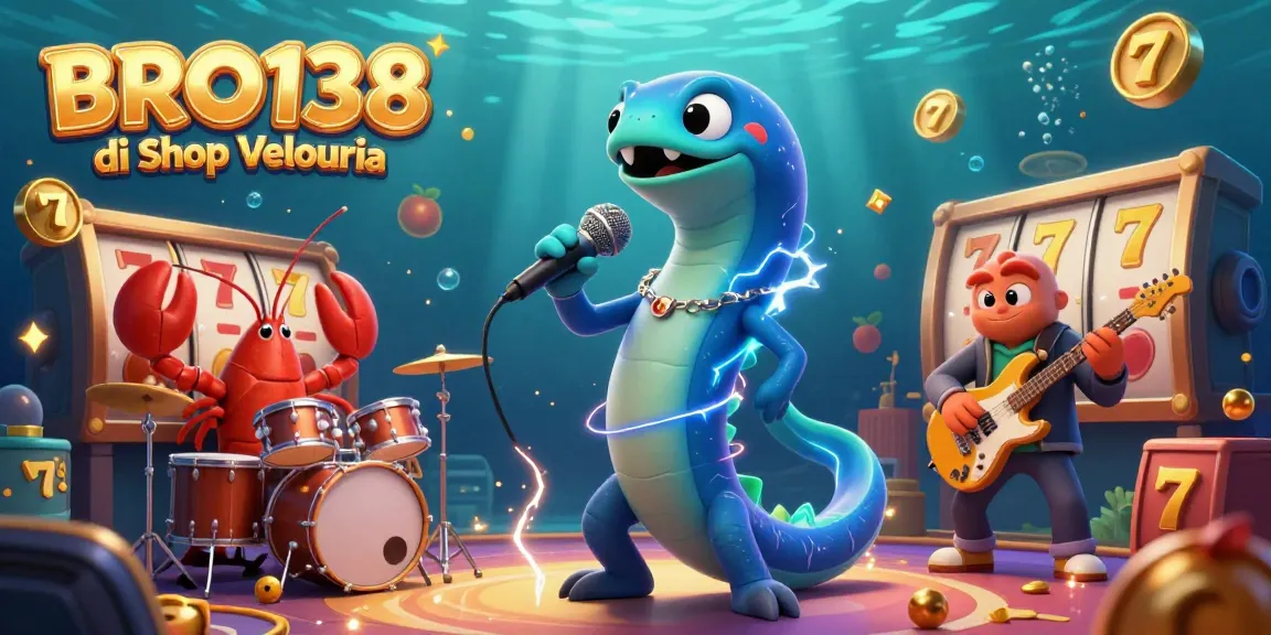 BRO138 di Shop Velouria features a lively 3D illustration of an electric eel DJ at an underwater casino stage with slot reels and fruit symbols.
