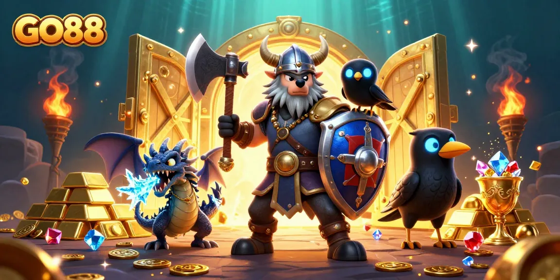 Experience thrilling gaming with GO88's vibrant fantasy scene of a Viking wolf warrior, dragon, and treasures!