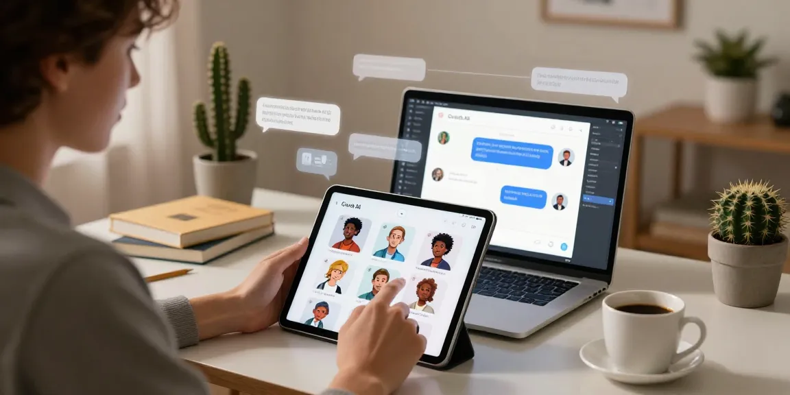 Young adult using Crush AI app in a modern home office, showcasing interactive digital engagement.