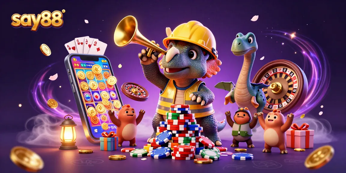 Experience thrilling gameplay at say88 with dynamic gambling characters celebrating wins in a vibrant casino atmosphere.
