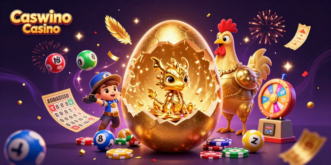 Experience excitement at Caswino Casino with a golden dragon and poker chips amidst lottery elements.