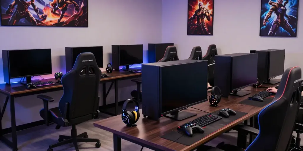 Luxury111 gaming setup with high-end PCs and vibrant RGB lights