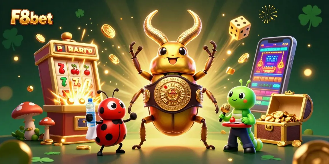 Join the excitement of F8bet with a vibrant 3D casino scene featuring a golden stag beetle and thrilling game elements.