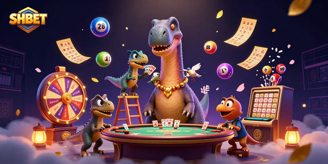 Engage with SHBET as a playful brontosaurus oversees a poker table in a vibrant, dynamic casino scene.