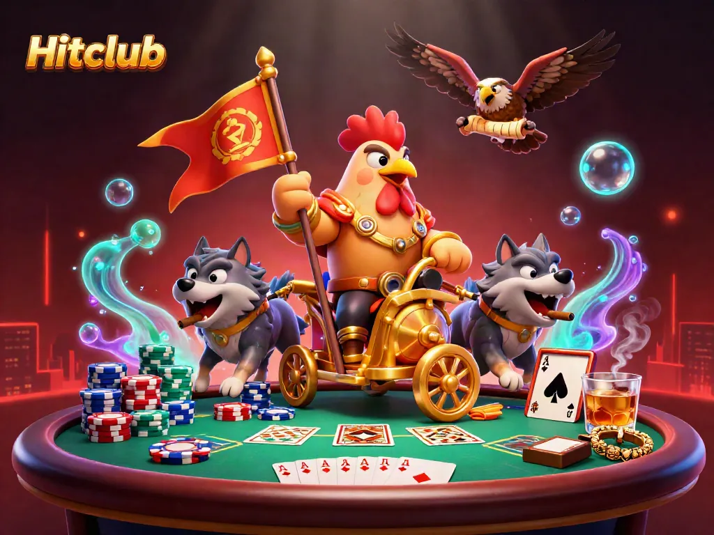 Experience thrilling bets at Hitclub with an epic scene of a rooster warlord and fierce wolves amidst dynamic poker action.