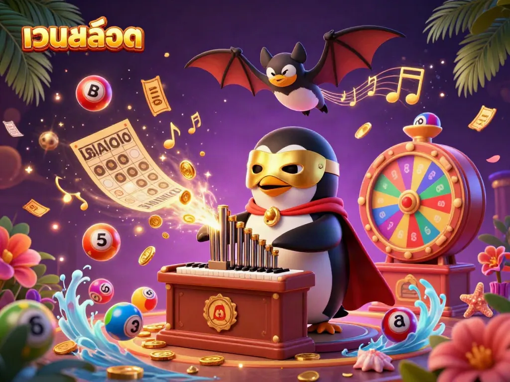 Engage with เว็บสล็อต casino magic featuring a charming cartoon penguin and dynamic lottery elements.