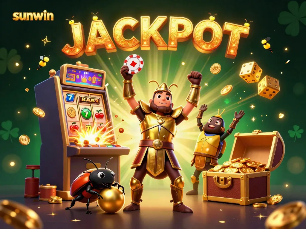 Experience the thrill with sunwin as a heroic beetle celebrates a jackpot, surrounded by vibrant casino elements.