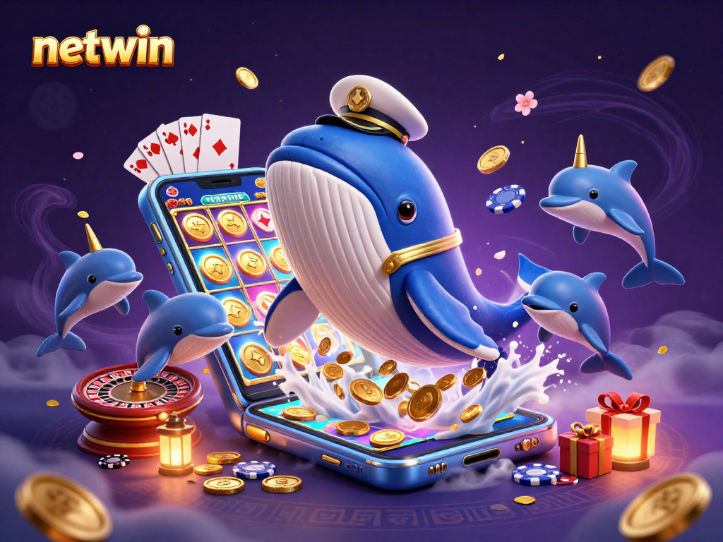 Engage with netwin in this vibrant scene where a captain whale, golden narwhal, and playful dolphins bring gambling action to life.