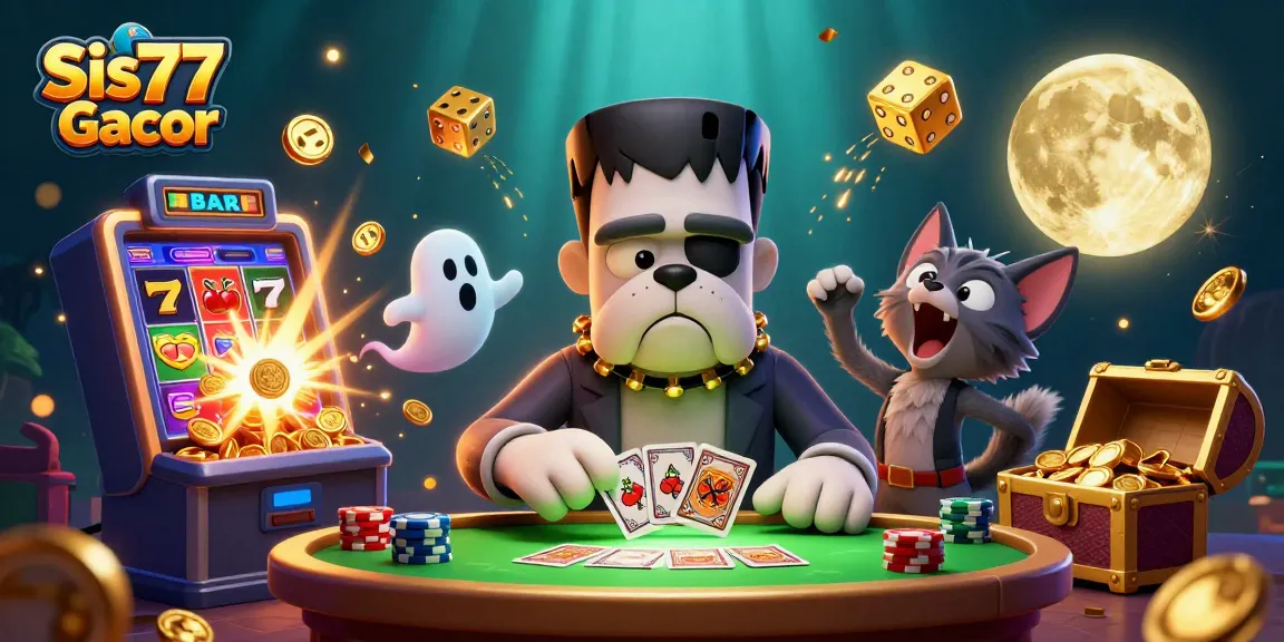 Menang besar dengan Sis77 Gacor, simbol slot dan karakter bertema kasino penuh warna.