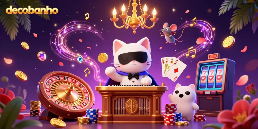 Engage with the dynamic casino scene featuring decobanho as characters celebrate amidst flying coins, spinning roulette, and vibrant gaming elements.