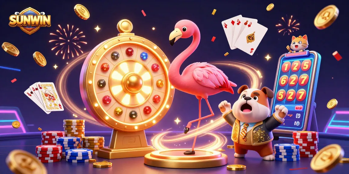 SUNWIN's vibrant casino scene with a game show host, a jumping bulldog contestant, and prize reveals amidst dazzling casino elements.