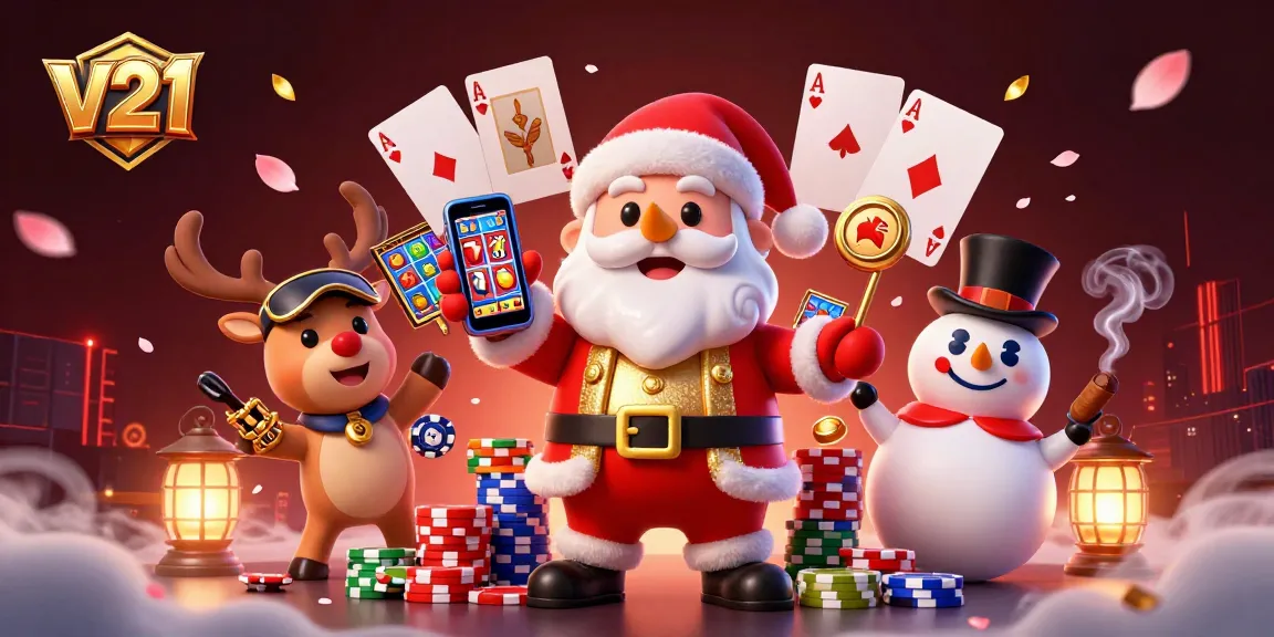 Slot v21 yang menarik dengan karakter Santa, rusa, dan salju dalam perayaan kasino.