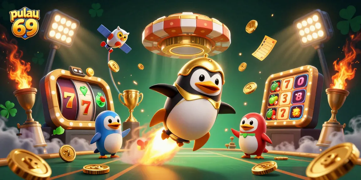 Engage in exciting gaming with pulau 69, featuring vibrant slot reels and coin trails.