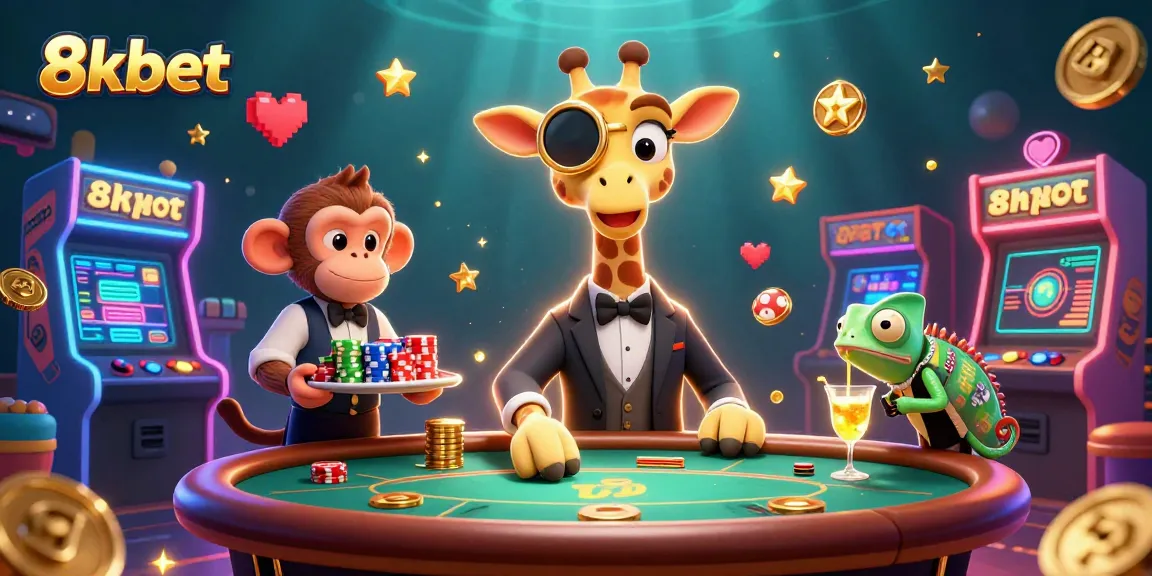 Experience thrilling gaming at 8xbet with a giraffe, monkey, and chameleon in a vibrant casino scene.