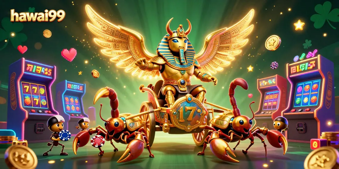 Hawai99 jackpot chase illustrated with vibrant scarab chariot and glowing slot elements