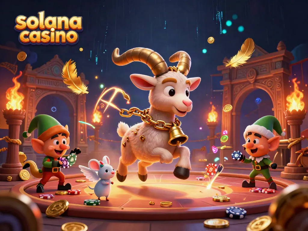 Join the thrill at the solana casino with lively characters stealing chips and a festive atmosphere.