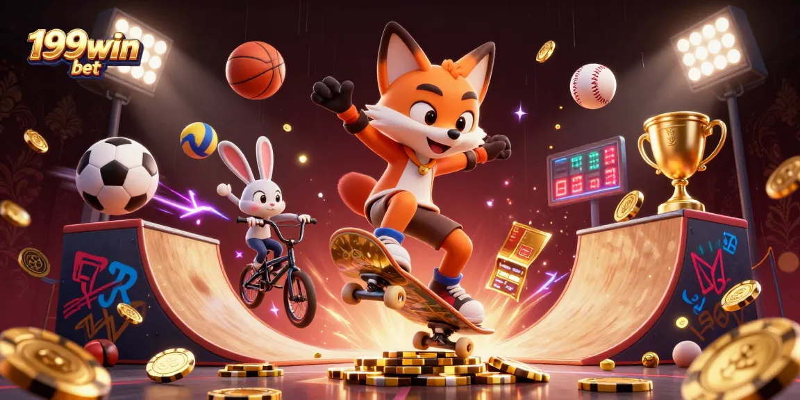 Experience excitement with 199win bet featuring a skateboarder fox kicking over a poker chip ramp surrounded by sports elements.