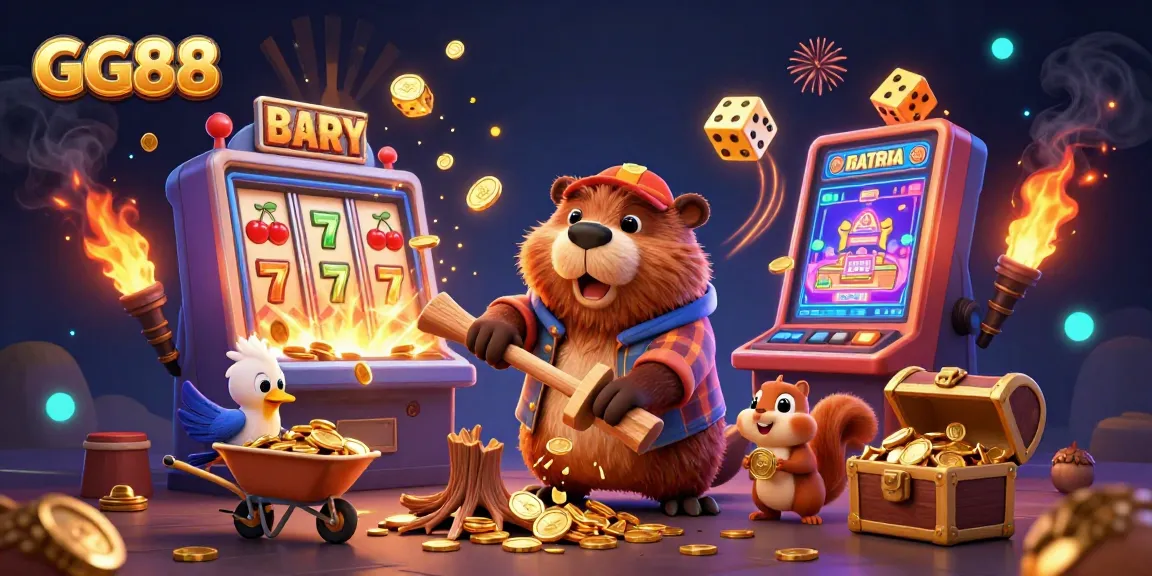 Spin and win at GG88 with this vibrant casino scene featuring a beaver and gold coins raining down.