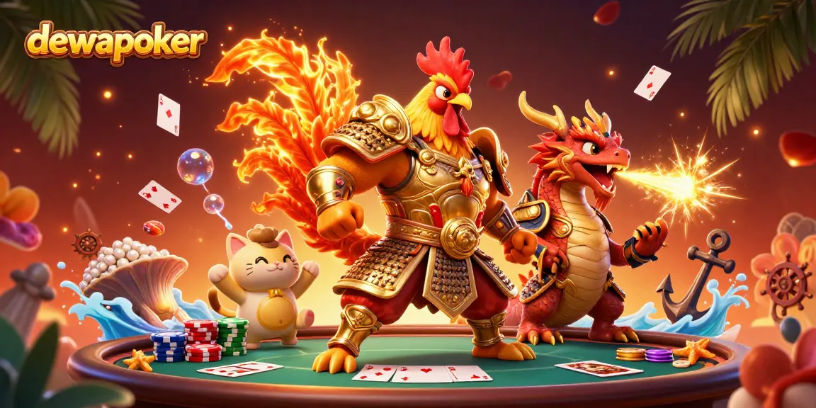 Dewapoker menampilkan ilustrasi karakter ayam tempur berperang bersama makhluk naga dan kucing keberuntungan dalam suasana kasino.
