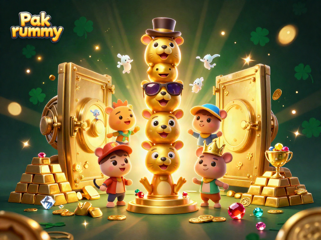 Engage in Pak rummy with a vibrant 3D illustration of golden treasures and playful characters.