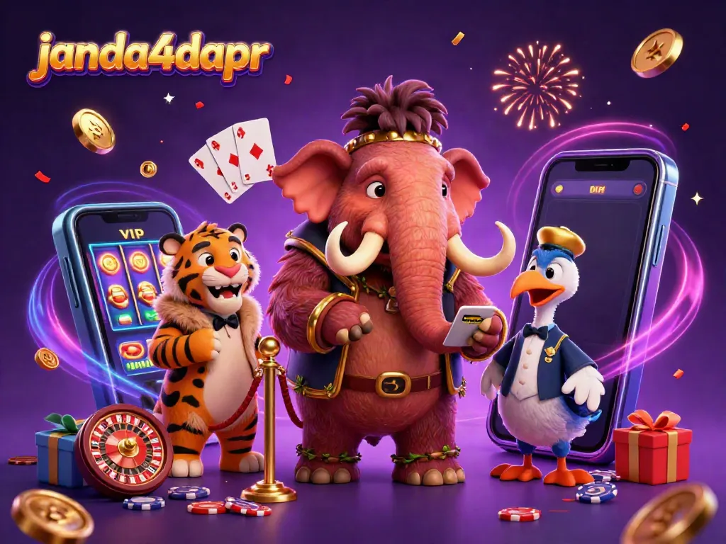 Permainan kasino janda4dapr menampilkan gajah berbulu konyol menjaga pintu, tamu VIP harimau, dan penjaga pintu burung dodo dengan elemen slot dan kartu.