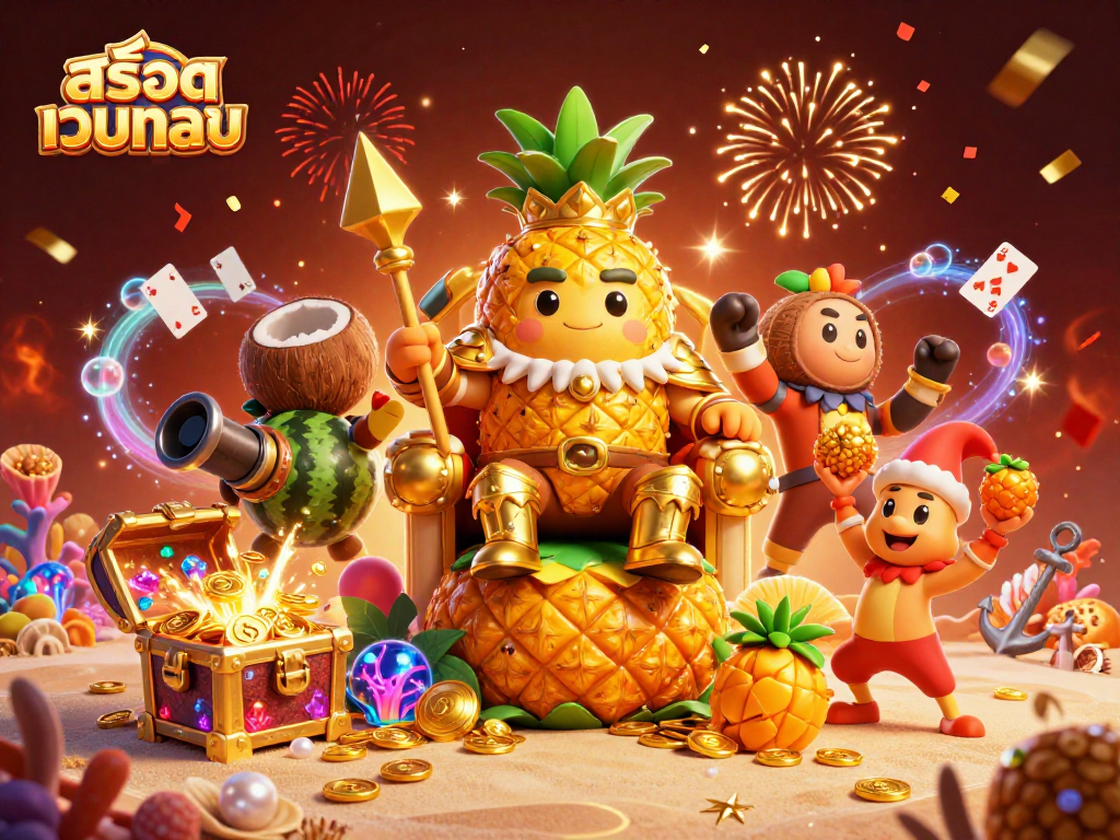 Engage with สล็อตเว็บตรง at a vibrant beach casino featuring a golden pineapple king and whimsical characters.