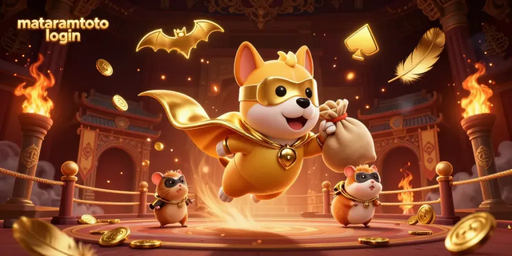 Experience the excitement of mataramtoto login with our energetic 3D superhero dog and hamster duo amid vibrant casino decorations.