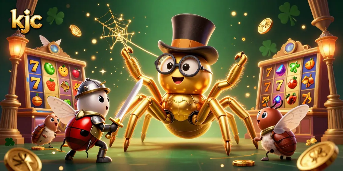 KJC presents a vibrant 3D illustration depicting a giant golden tarantula and a beetle knight in an exciting casino scene.