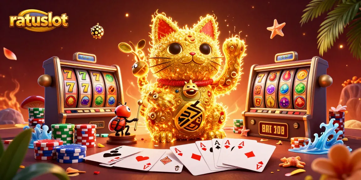 Ratuslot showcases a golden lucky cat surrounded by vibrant slot symbols in this energetic casino scene.