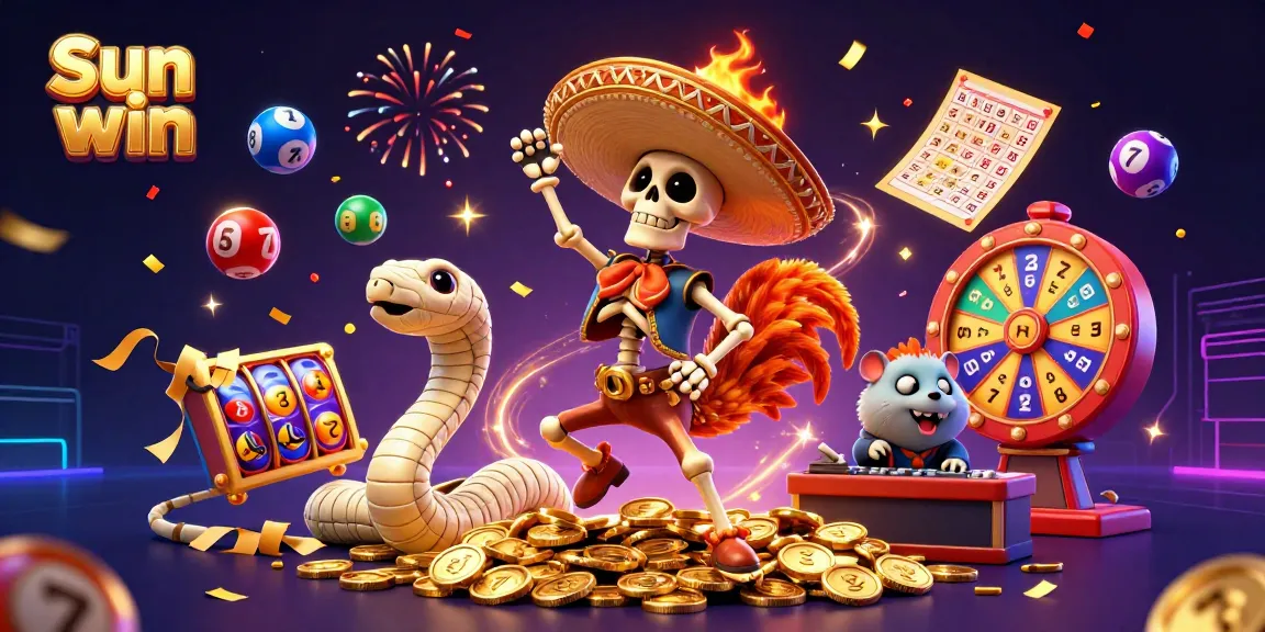 Join the celebration at Sun win with vibrant characters surrounded by casino elements and rewards.
