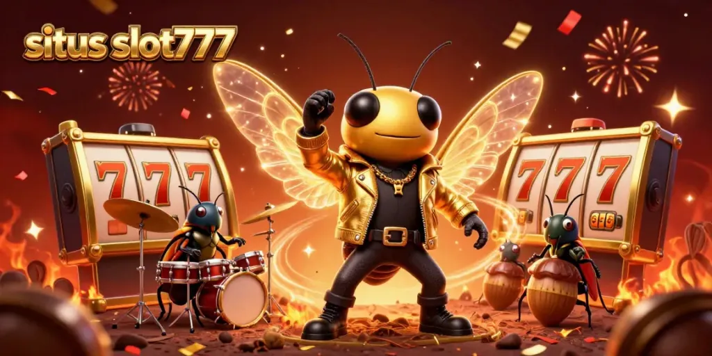 Experience the thrill of situs slot777 with vibrant 3D characters, slot reels, and lively celebration elements.
