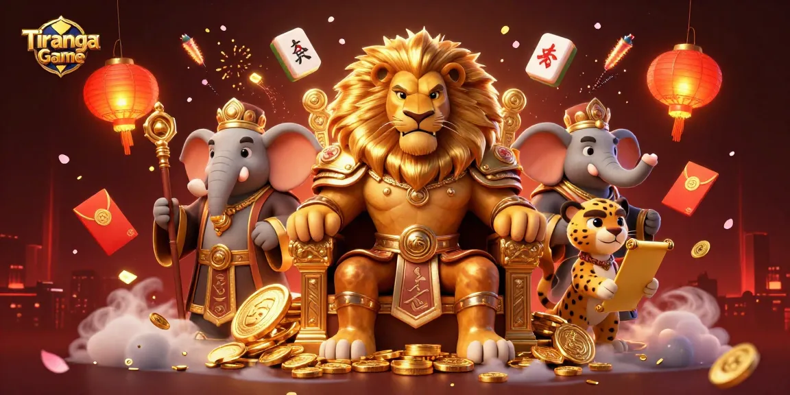 Tiranga Game animated scene featuring a lion king, elephant advisor, and cheetah with casino elements illuminating their surroundings.