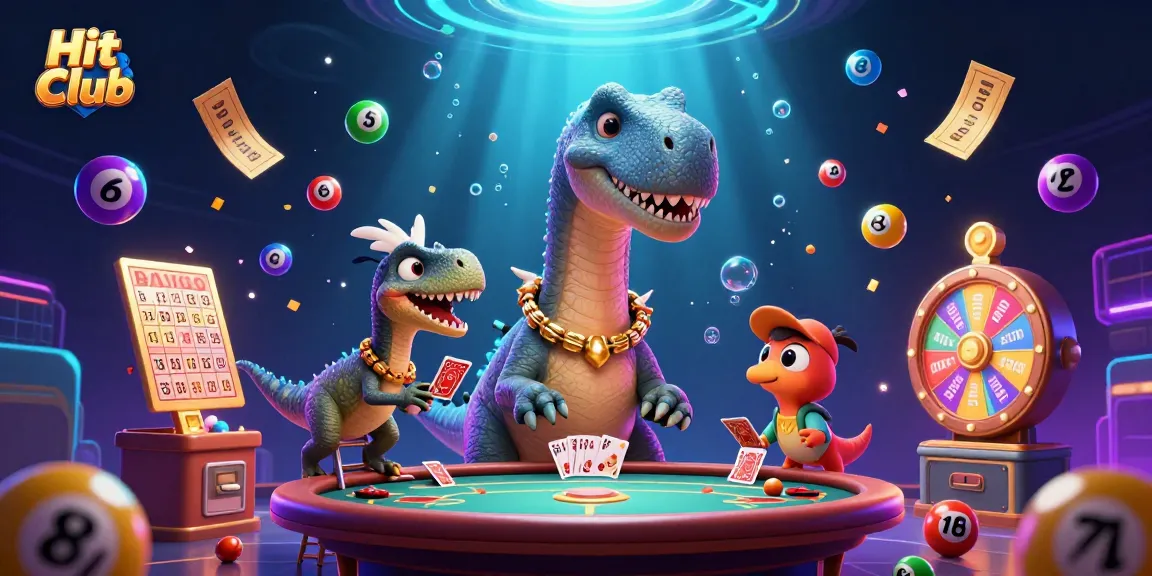 Hit Club illustrates a vibrant casino scene with a brontosaurus and clever raptor, highlighting gaming excitement.